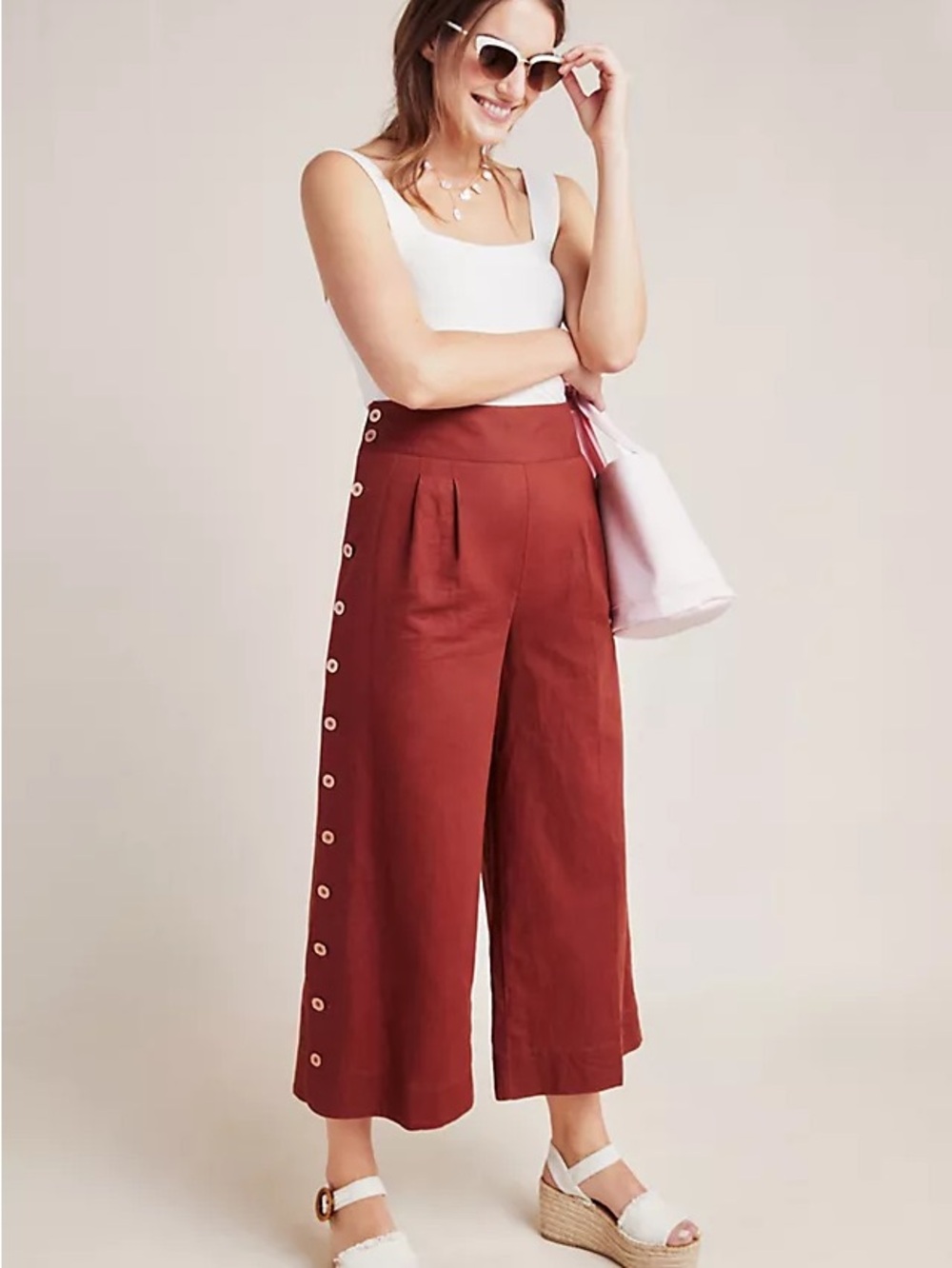 by Anthropologie Linen Cotton High-Waist Wide Leg Crop Pants Flowy Rust Size 4